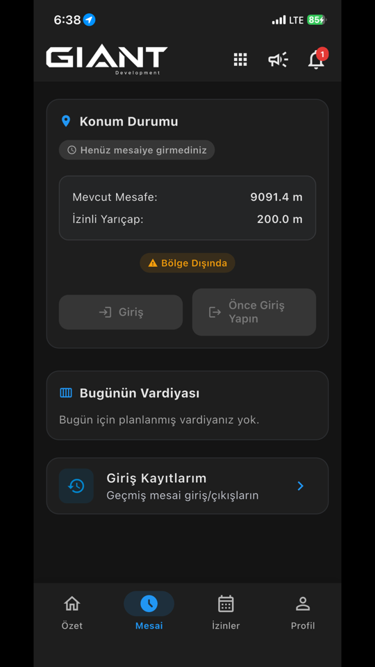 Giant Personel mesai ekranı: QR ile giriş-çıkış