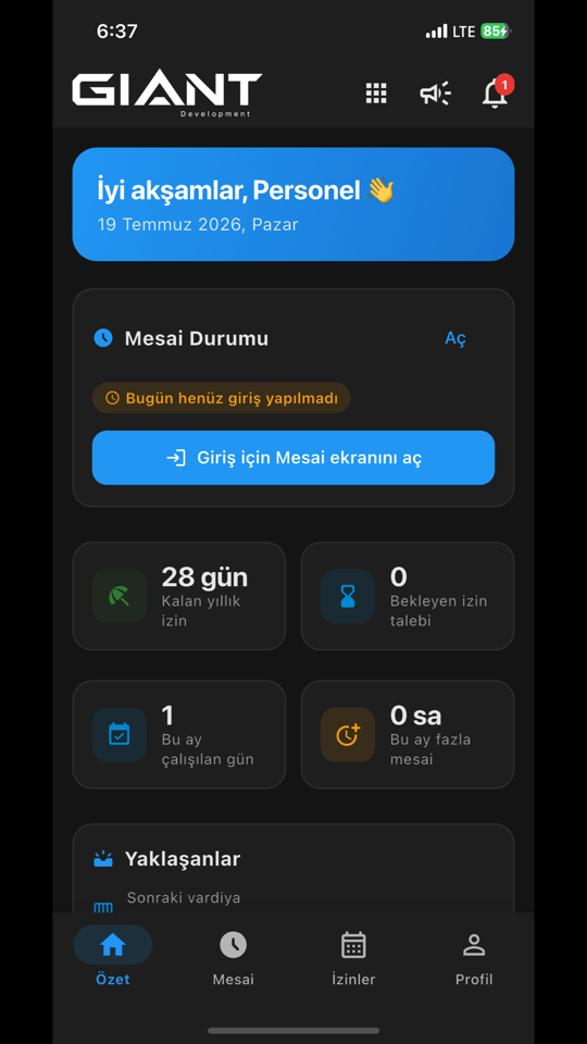 Giant Personel özet ekranı: mesai durumu, kalan yıllık izin ve bekleyen talepler