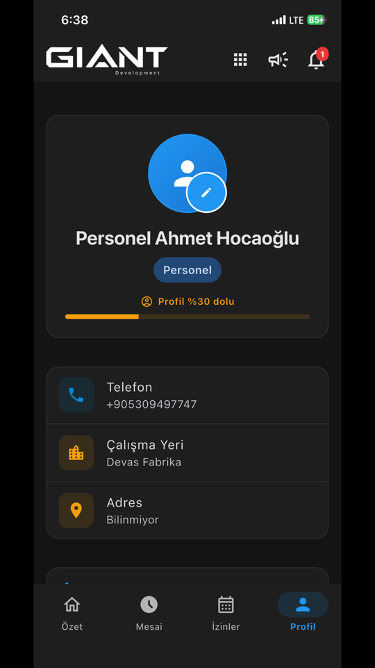 Giant Personel profil ekranı: kişisel bilgiler ve belgeler